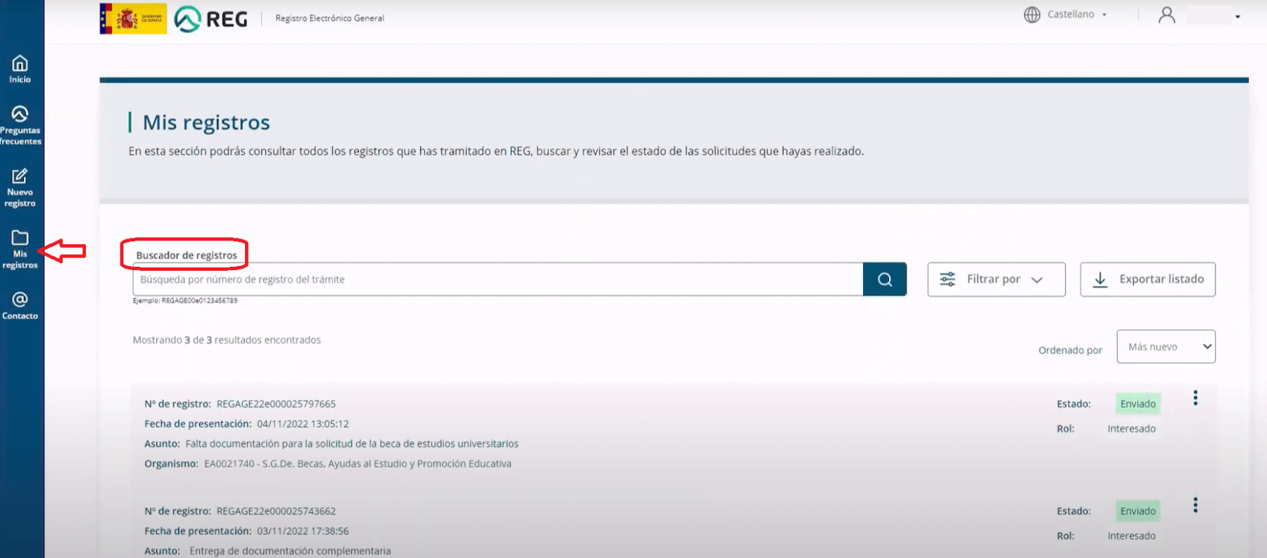 Plataforma REG ver mis registros creados